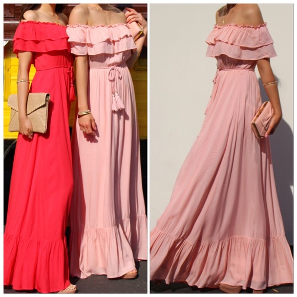 🆕Pink Off The Shoulder Flounced Flowy Ruffled Maxi Dress With Tasseled Belt - Picture 4 of 14